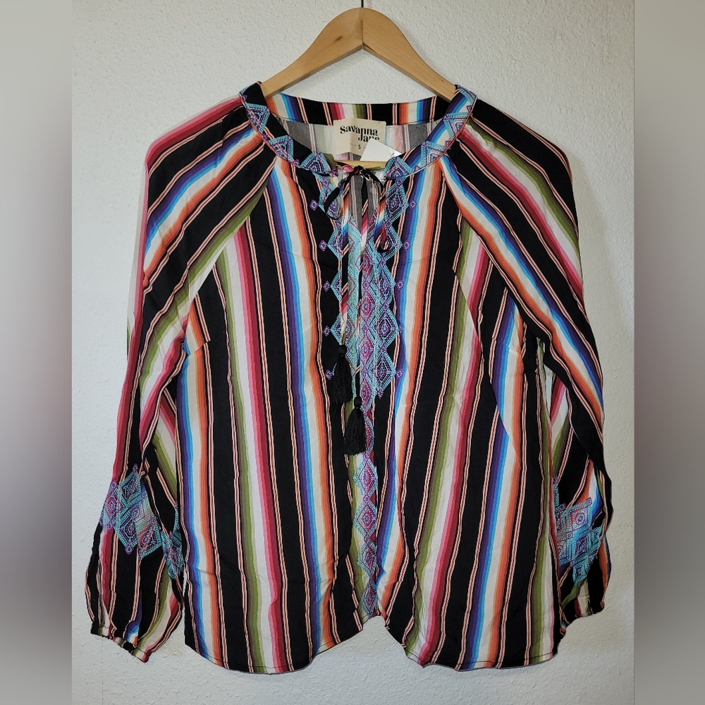 NWOT SAVANNA JANE Women's Small Striped Embroidered V-Neck Tunic Top Shirt Boho - Picture 2 of 11